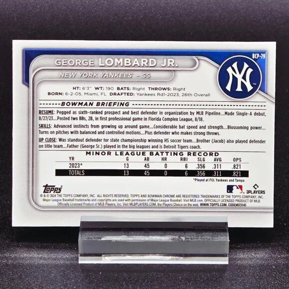 George Lombard Jr. Steel Laser Bowman Chrome 1st /49 RC's Yankees Top Prospect - Picture 8 of 8